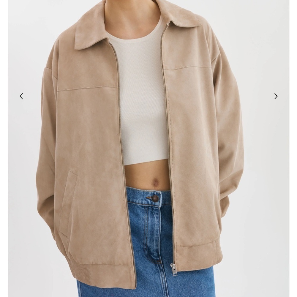 LaMarque Caden Suede Oversized Bomber Jacket Goatskin in “Sand” Tan - Picture 4 of 12